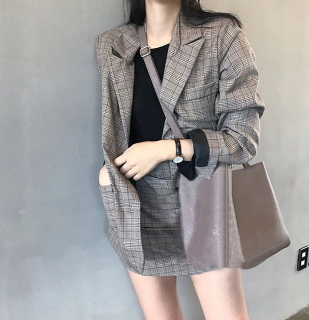 [Korean Style] Audra Single Breasted Plaid Blazer Set