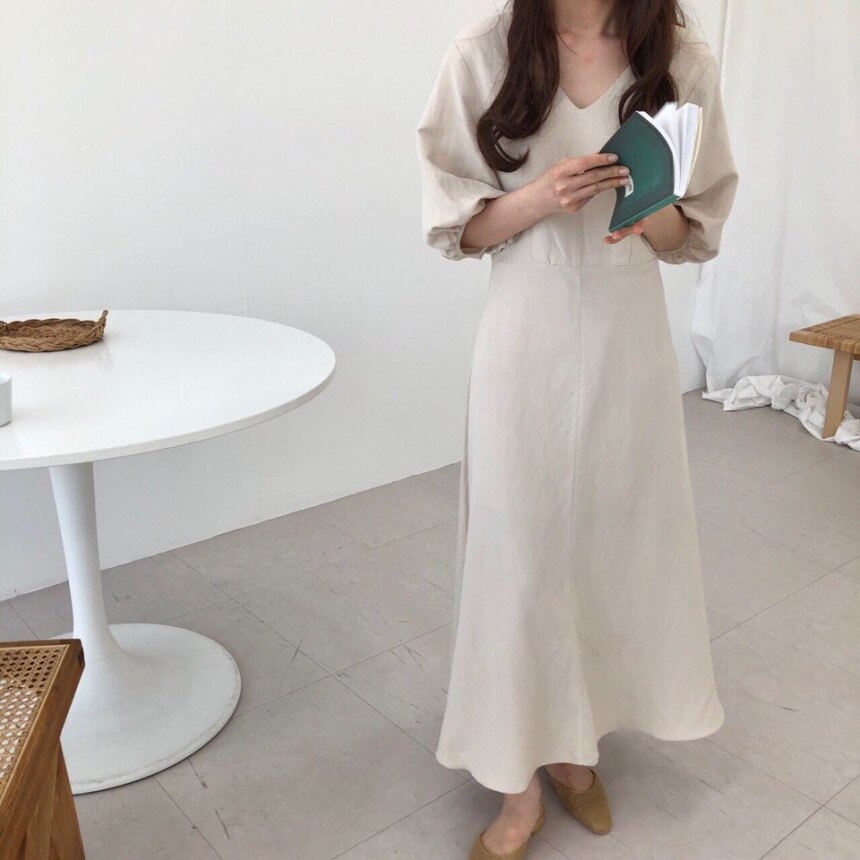 [Korean Style] Ashley Minimal Mazi Dress with Puff Sleeves