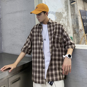[Korean Style] Seven-Cut Plaid Cotton Shirts